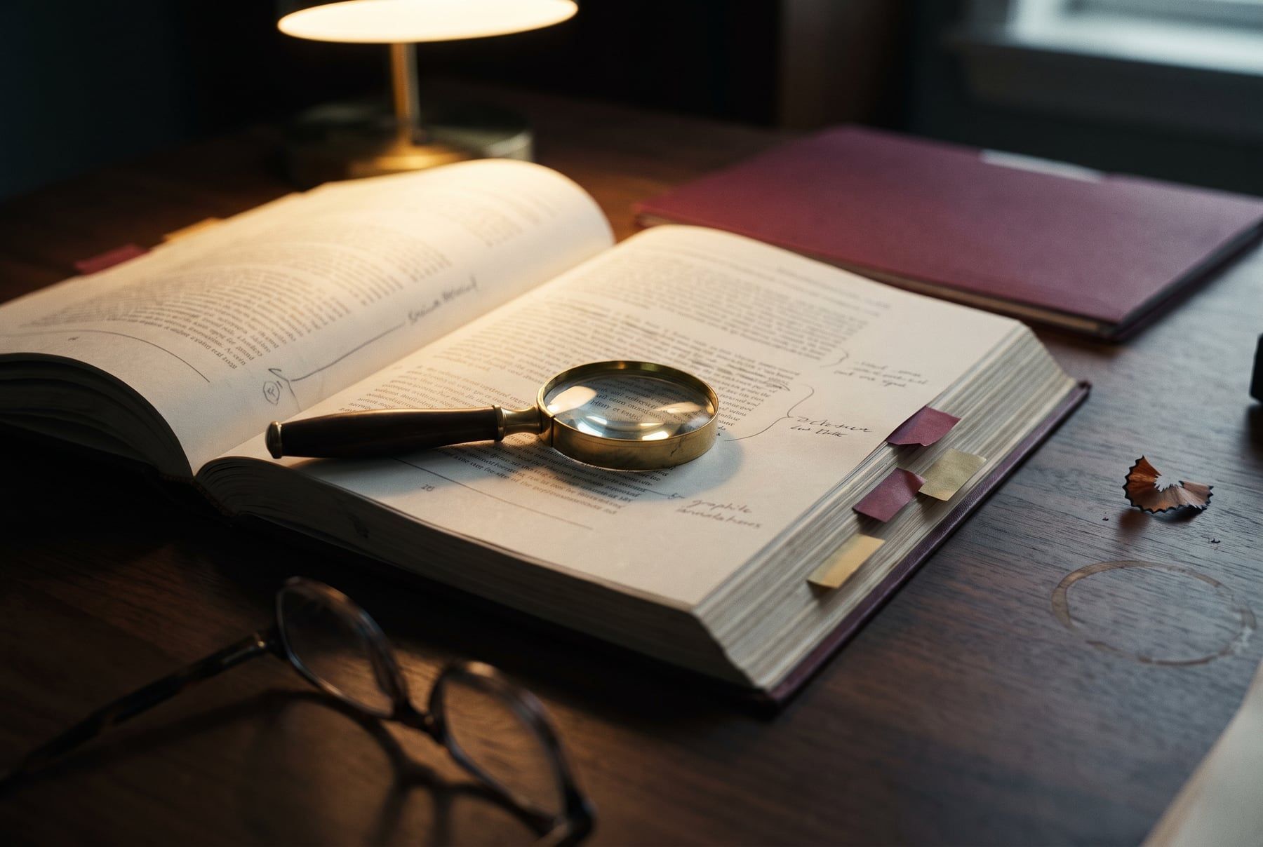 Relatório técnico aberto com marcadores e uma lupa sobre o texto